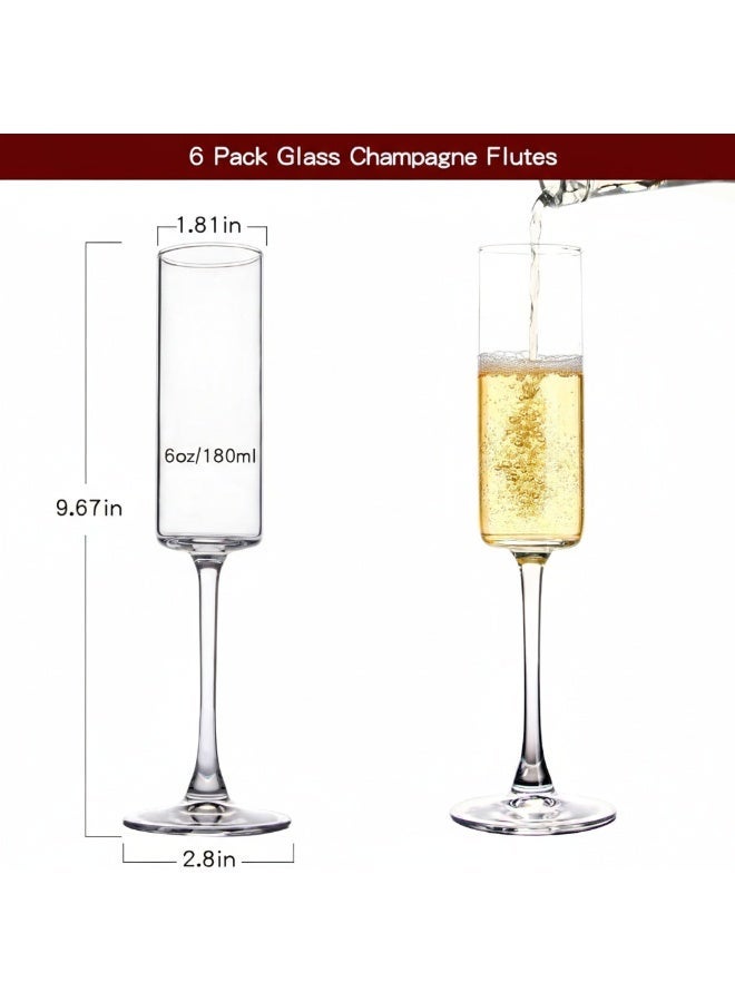 DubaiCrystal Champagne Flutes Set of 6, 6oz Classic Champagne Glasses, Sparkling Wine Glass, Stemmed Champagne Flutes for Party, Wedding and Home - Clear - Image 2